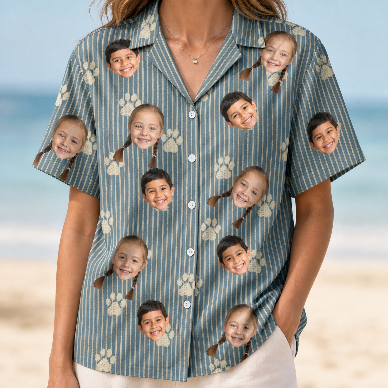 Model wearing Women's Muzzle Marks Custom Face Hawaiian Shirt printed with kids' faces