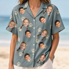 Model wearing Women's Muzzle Marks Custom Face Hawaiian Shirt printed with kids' faces