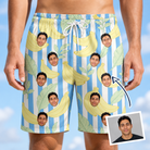 Man wearing Men's Peel Appeal Custom Face Beach Shorts — custom faces printed all-over