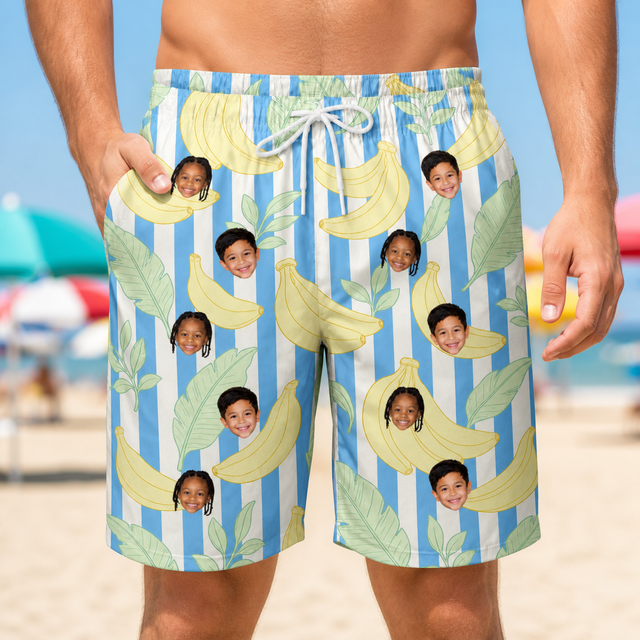 Model wearing Men's Peel Appeal Custom Face Beach Shorts printed with kids' faces