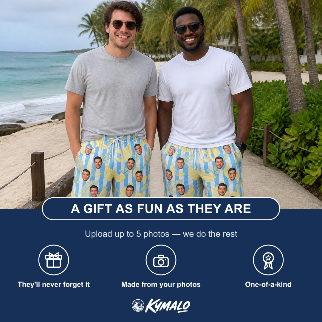 Friends in matching Men's Peel Appeal Custom Face Beach Shorts — a group gift photo