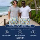Friends in matching Men's Peel Appeal Custom Face Beach Shorts — a group gift photo