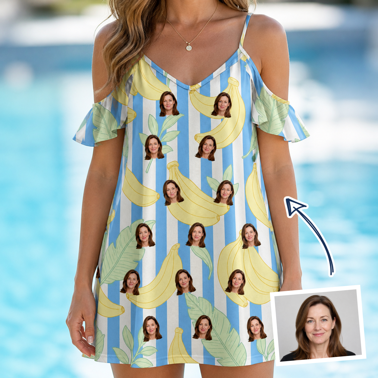 Woman wearing Women's Peel Appeal Custom Face Off-Shoulder Dress — custom faces printed all-over