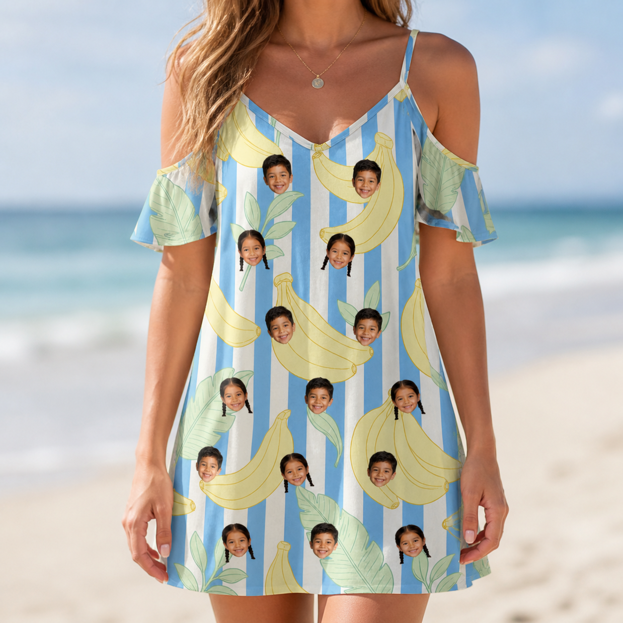 Model wearing Women's Peel Appeal Custom Face Off-Shoulder Dress printed with kids' faces