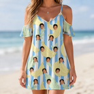 Model wearing Women's Peel Appeal Custom Face Off-Shoulder Dress printed with kids' faces