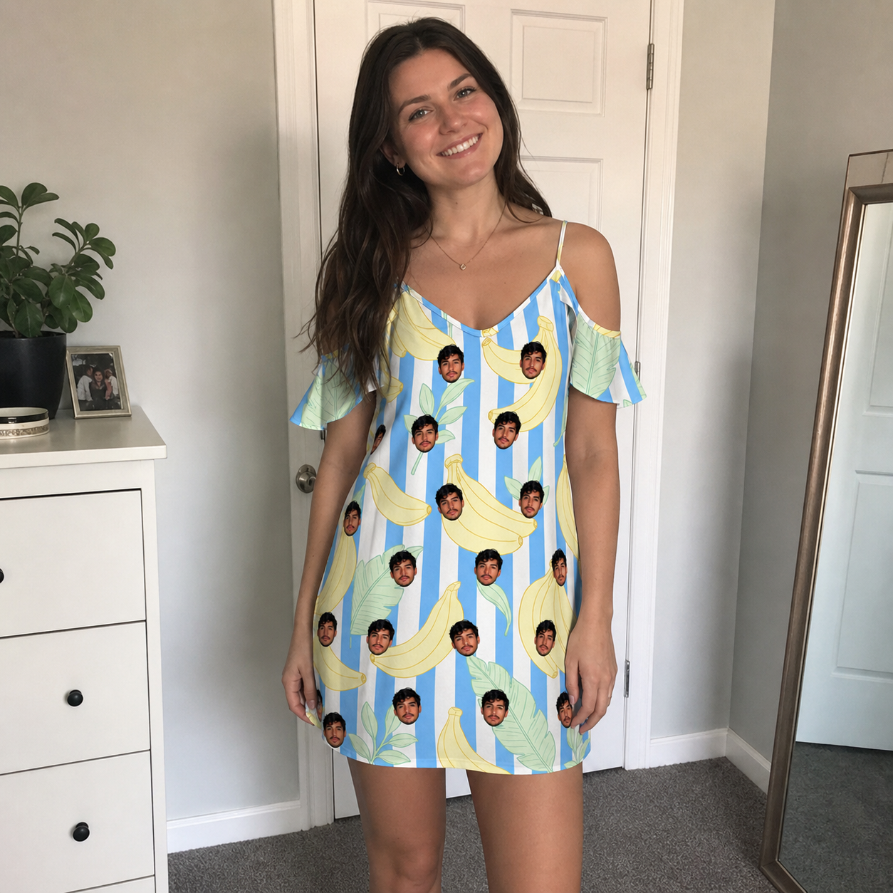 Real-life photo of someone wearing Women's Peel Appeal Custom Face Off-Shoulder Dress — custom faces printed all-over