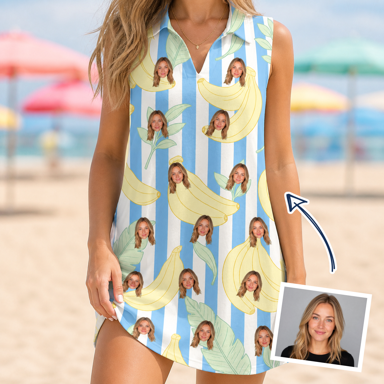 Woman wearing Women's Peel Appeal Custom Face V-Neck Dress — custom faces printed all-over