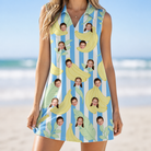Model wearing Women's Peel Appeal Custom Face V-Neck Dress printed with kids' faces