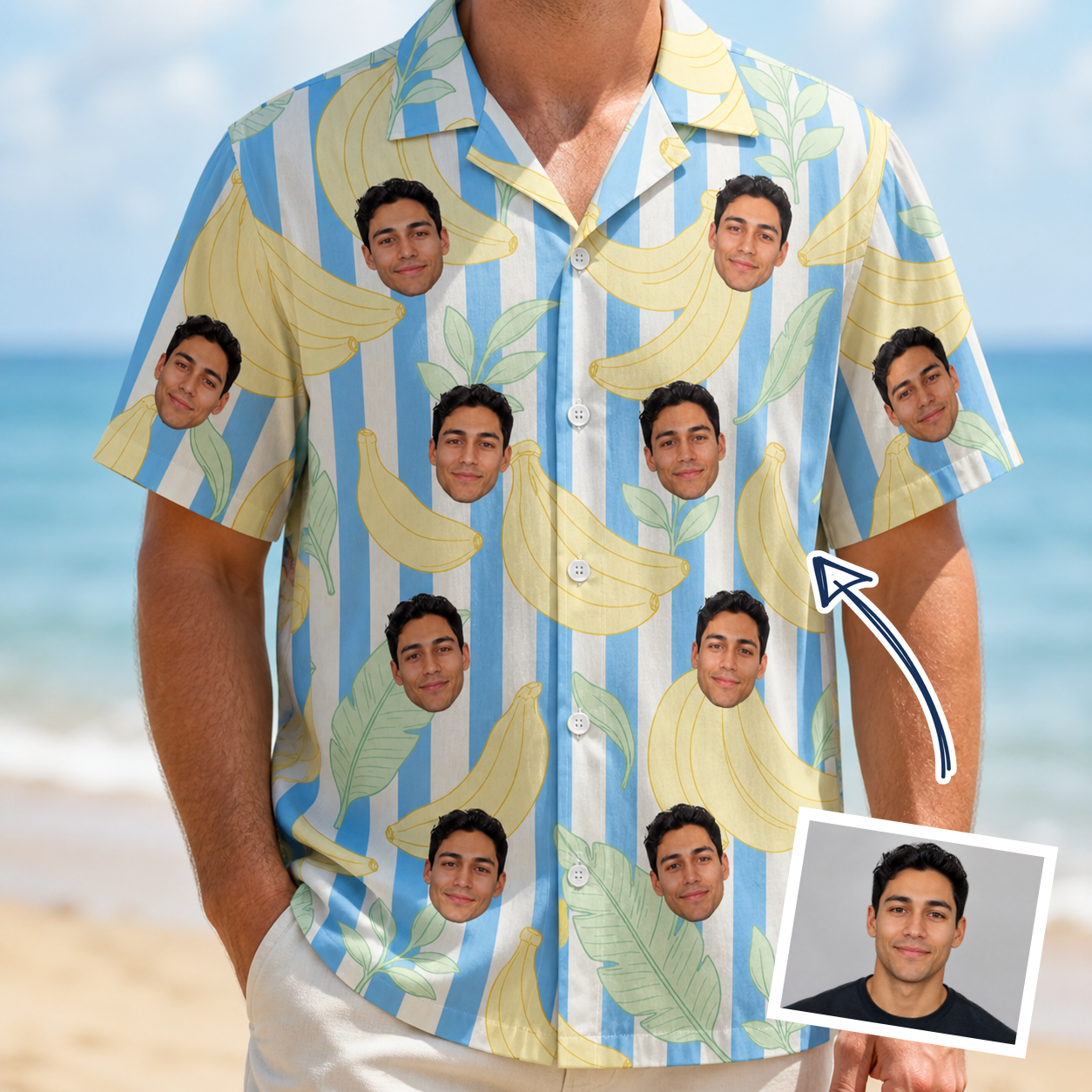 Man wearing Men's Peel Appeal Custom Face Hawaiian Shirt — custom faces printed all-over