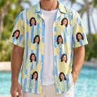 Man wearing Men's Peel Appeal Custom Face Hawaiian Shirt open over a white tee