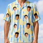 Model wearing Men's Peel Appeal Custom Face Hawaiian Shirt printed with kids' faces