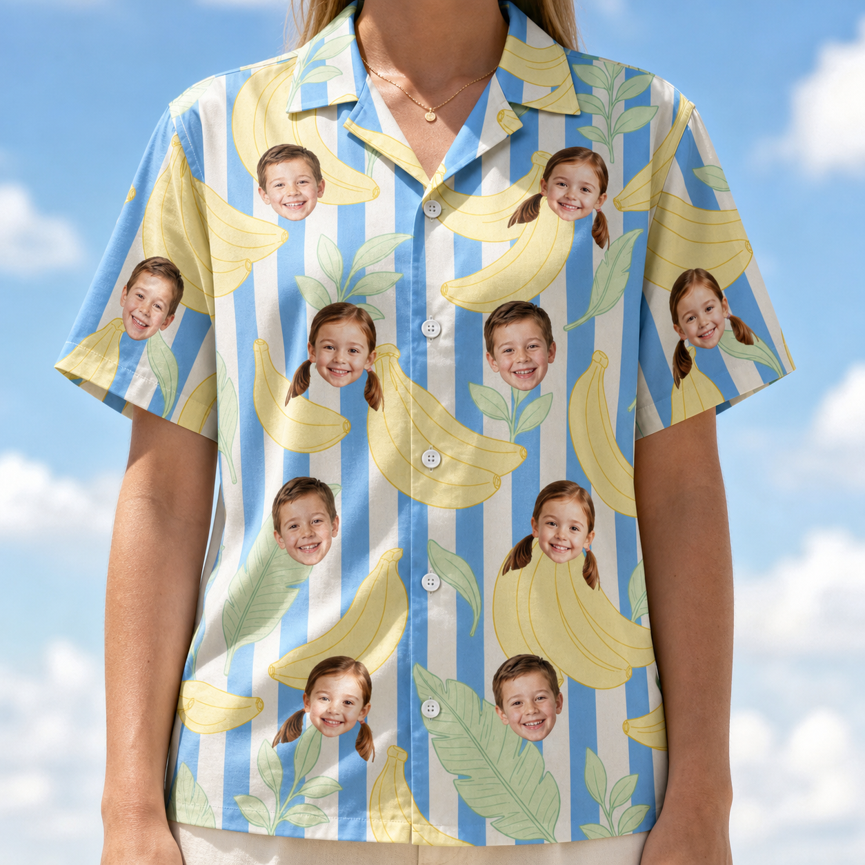 Model wearing Women's Peel Appeal Custom Face Hawaiian Shirt printed with kids' faces