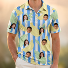 Model wearing Men's Peel Appeal Custom Face Polo Shirt printed with kids' faces