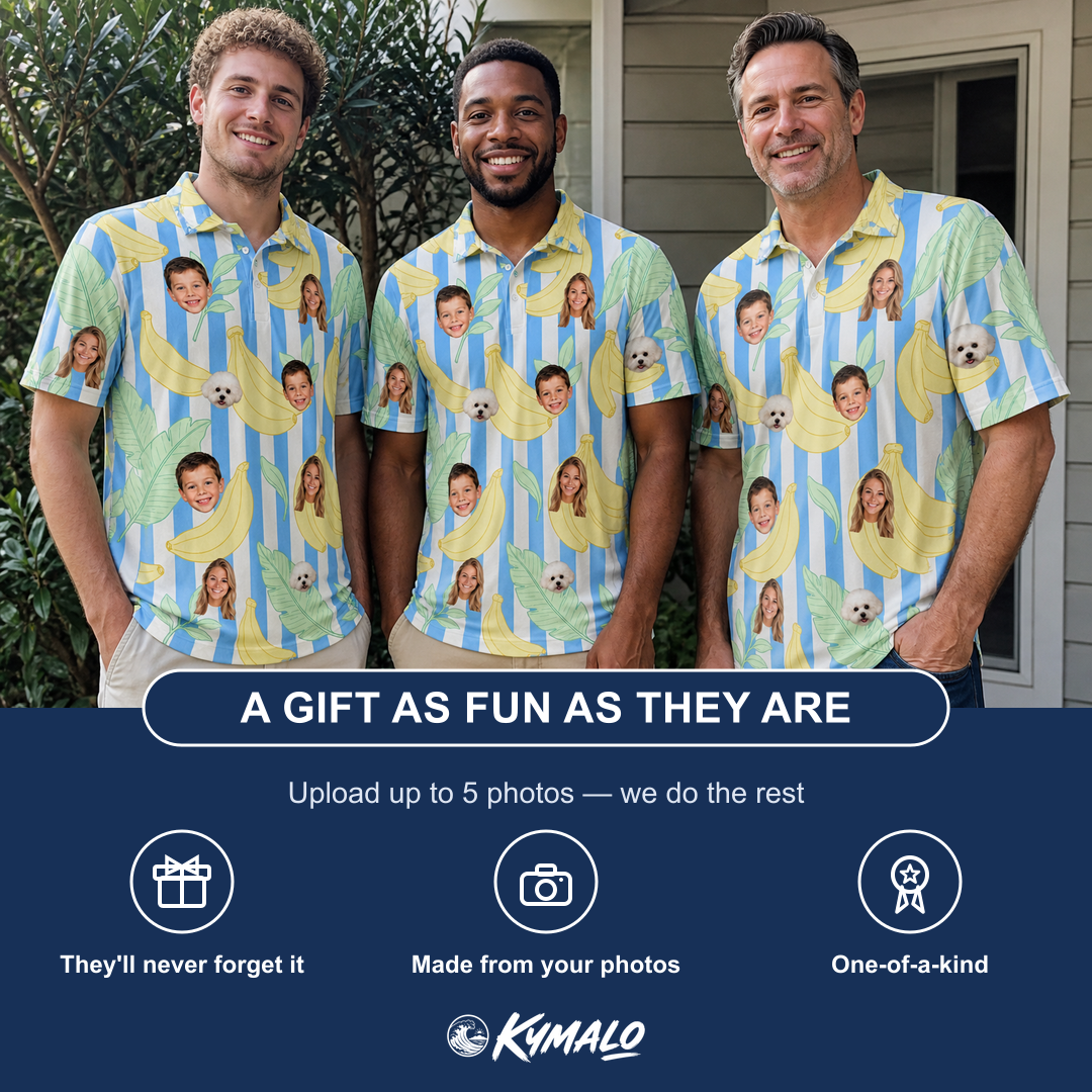 Friends in matching Men's Peel Appeal Custom Face Polo Shirt — a group gift photo