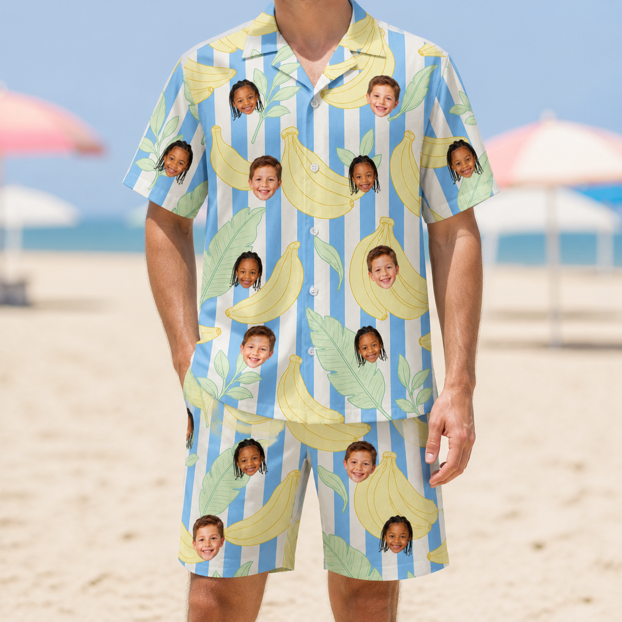 Model wearing Men's Peel Appeal Custom Face Shirt & Shorts Set printed with kids' faces