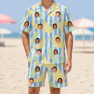 Model wearing Men's Peel Appeal Custom Face Shirt & Shorts Set printed with kids' faces