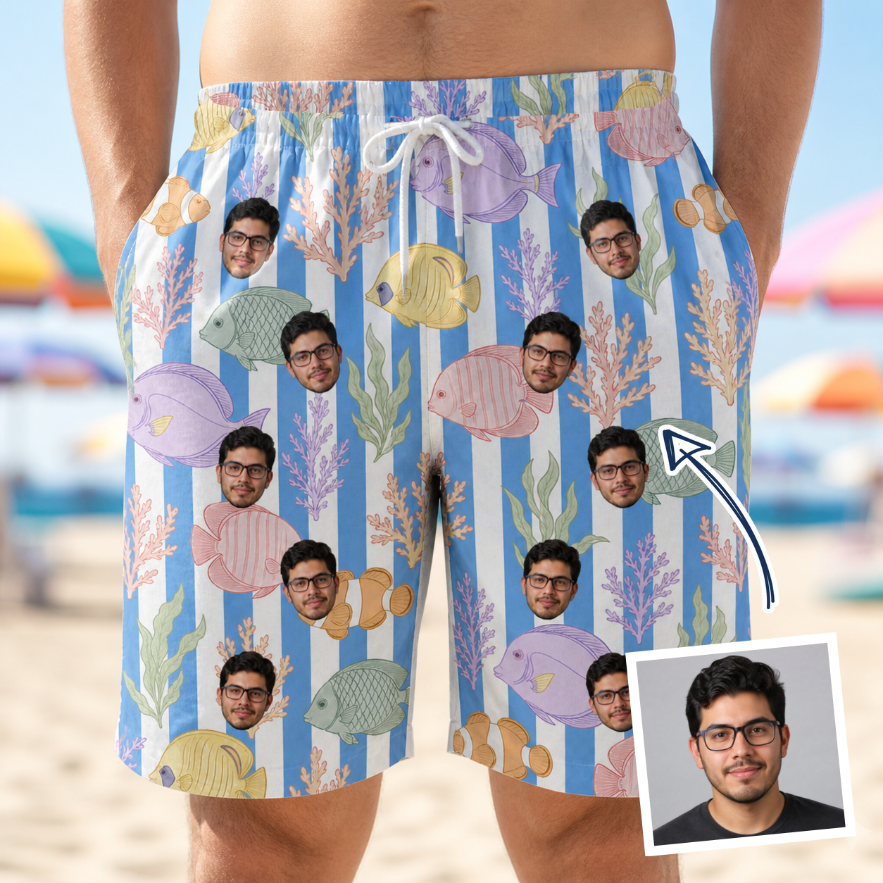 Man wearing Men's Reef Rascals Custom Face Beach Shorts — custom faces printed all-over