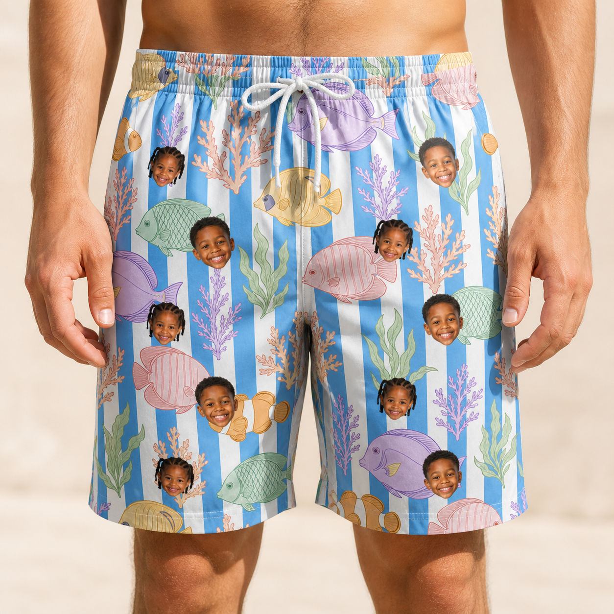 Model wearing Men's Reef Rascals Custom Face Beach Shorts printed with kids' faces