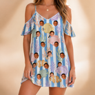 Model wearing Women's Reef Rascals Custom Face Off-Shoulder Dress printed with kids' faces