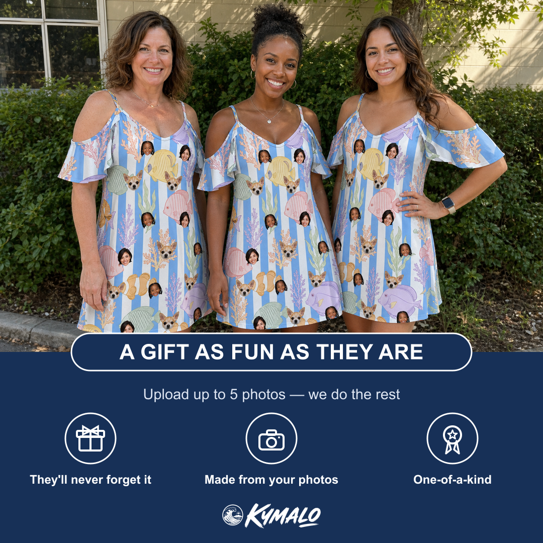 Friends in matching Women's Reef Rascals Custom Face Off-Shoulder Dress — a group gift photo