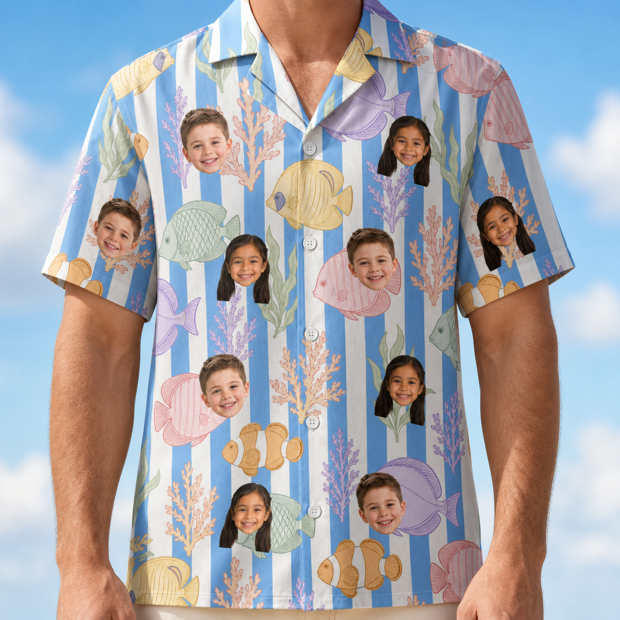 Model wearing Men's Reef Rascals Custom Face Hawaiian Shirt printed with kids' faces