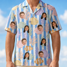 Model wearing Men's Reef Rascals Custom Face Hawaiian Shirt printed with kids' faces