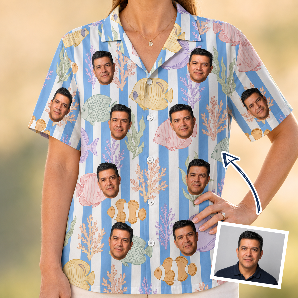 Woman wearing Women's Reef Rascals Custom Face Hawaiian Shirt — custom faces printed all-over