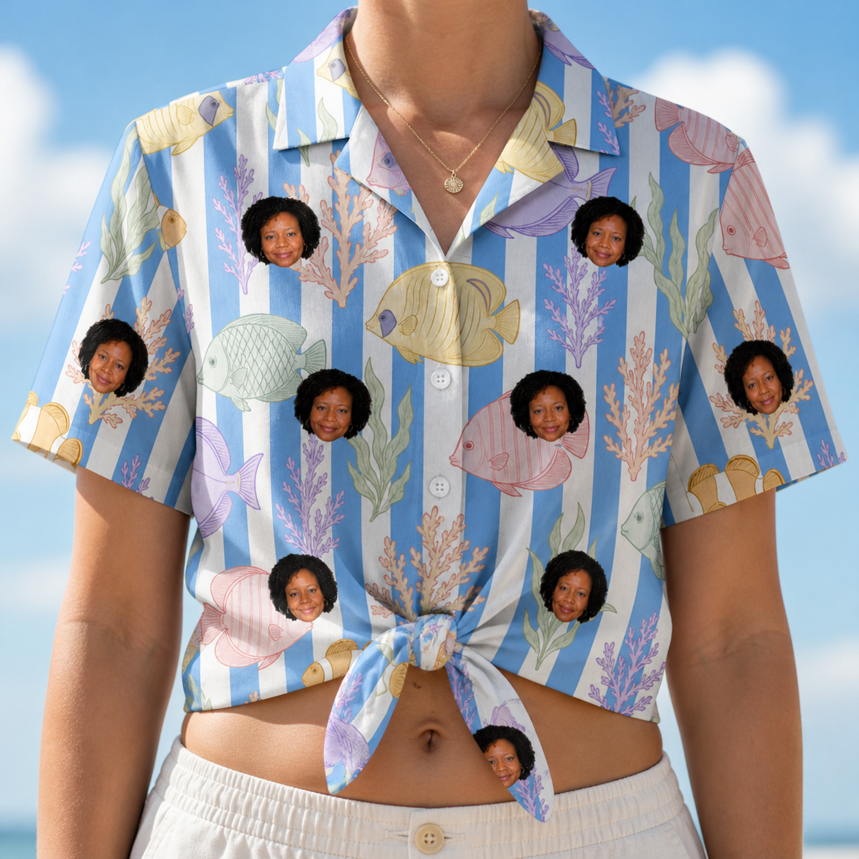 Woman wearing Women's Reef Rascals Custom Face Hawaiian Shirt tied at the waist