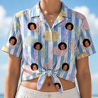 Woman wearing Women's Reef Rascals Custom Face Hawaiian Shirt tied at the waist
