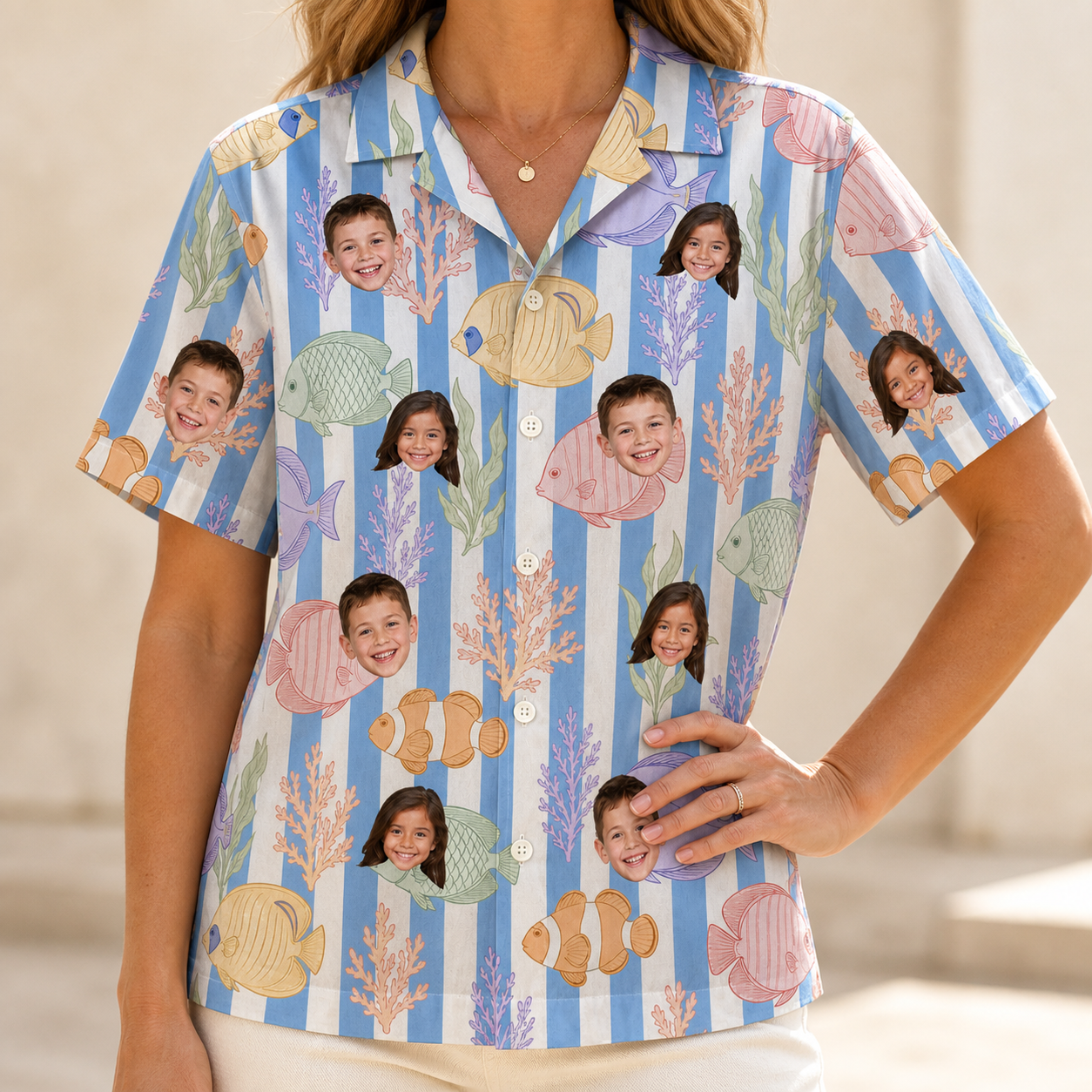 Model wearing Women's Reef Rascals Custom Face Hawaiian Shirt printed with kids' faces