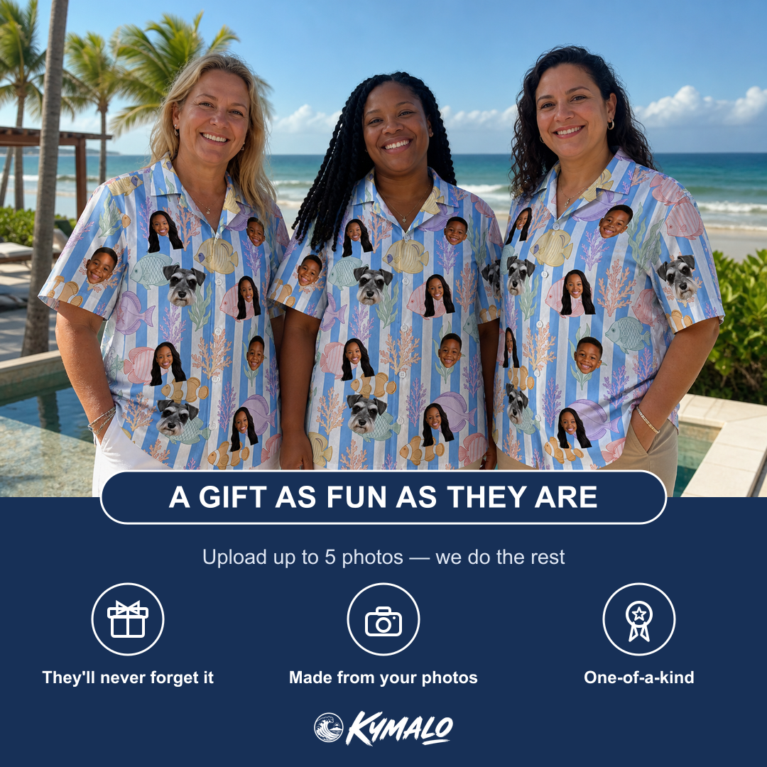 Friends in matching Women's Reef Rascals Custom Face Hawaiian Shirt — a group gift photo