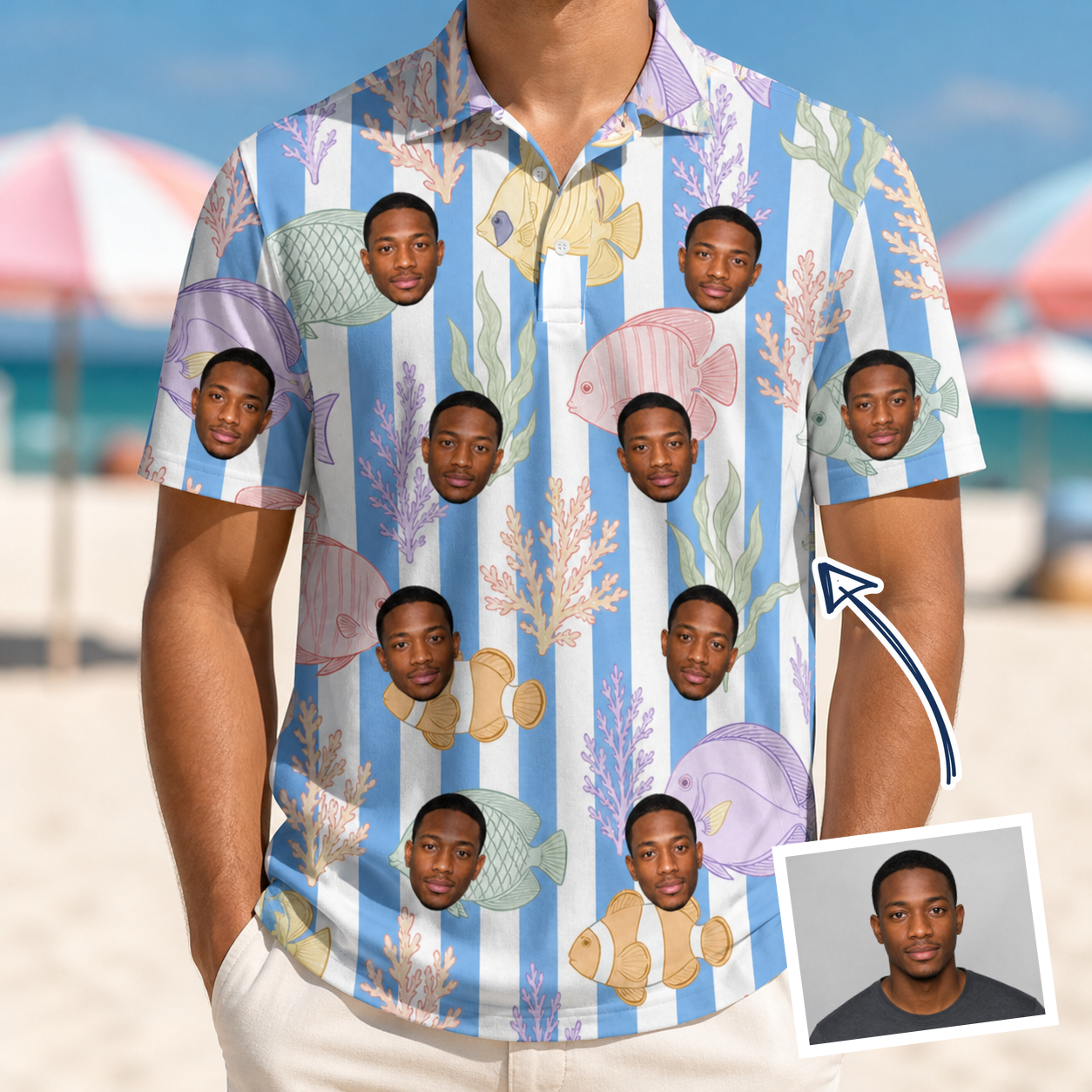 Man wearing Men's Reef Rascals Custom Face Polo Shirt — custom faces printed all-over