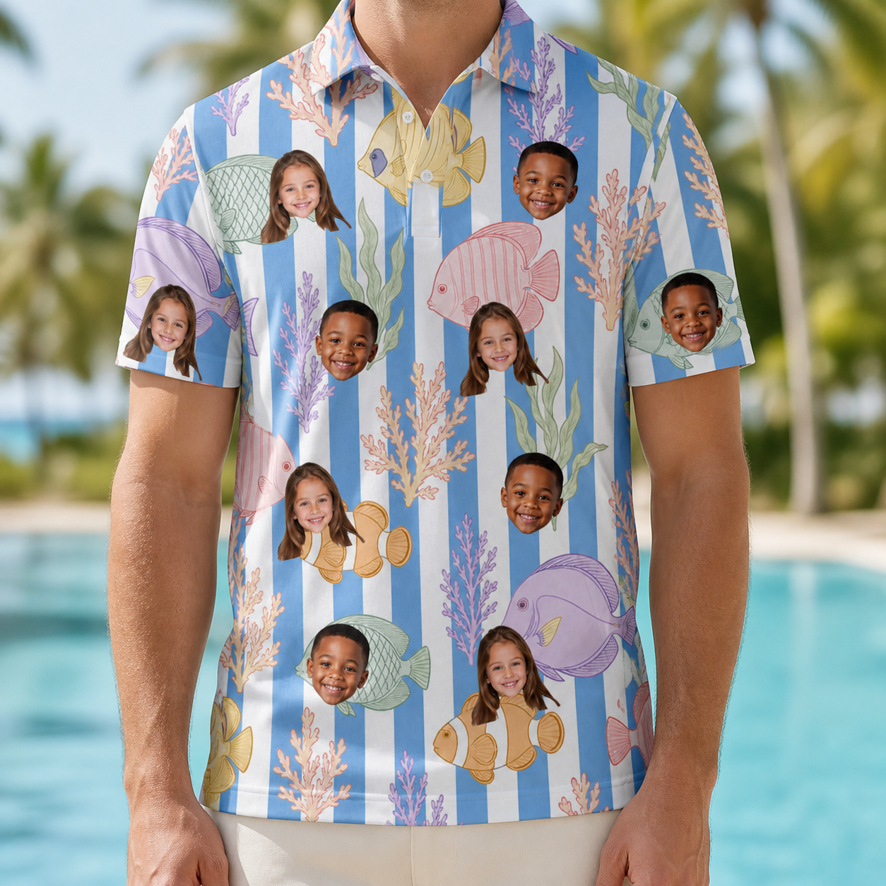 Model wearing Men's Reef Rascals Custom Face Polo Shirt printed with kids' faces