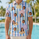 Model wearing Men's Reef Rascals Custom Face Polo Shirt printed with kids' faces