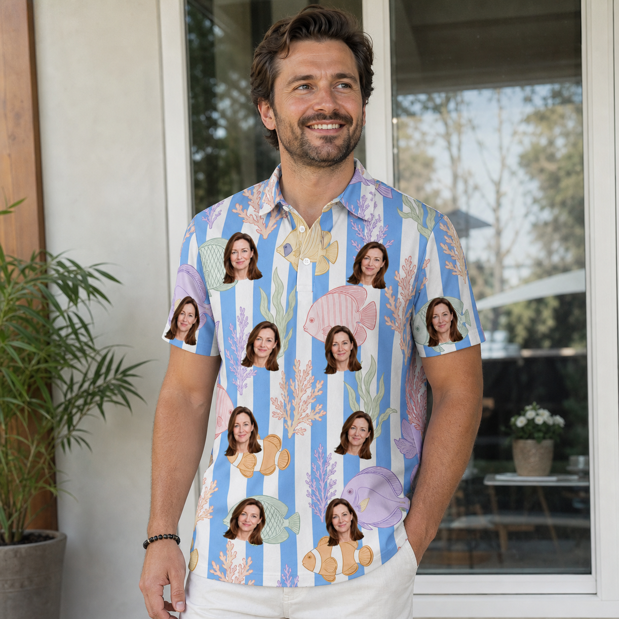Real-life photo of someone wearing Men's Reef Rascals Custom Face Polo Shirt — custom faces printed all-over