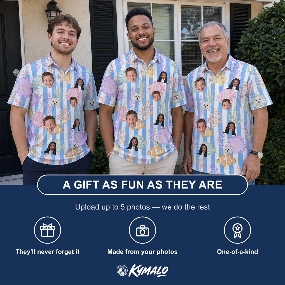 Friends in matching Men's Reef Rascals Custom Face Polo Shirt — a group gift photo
