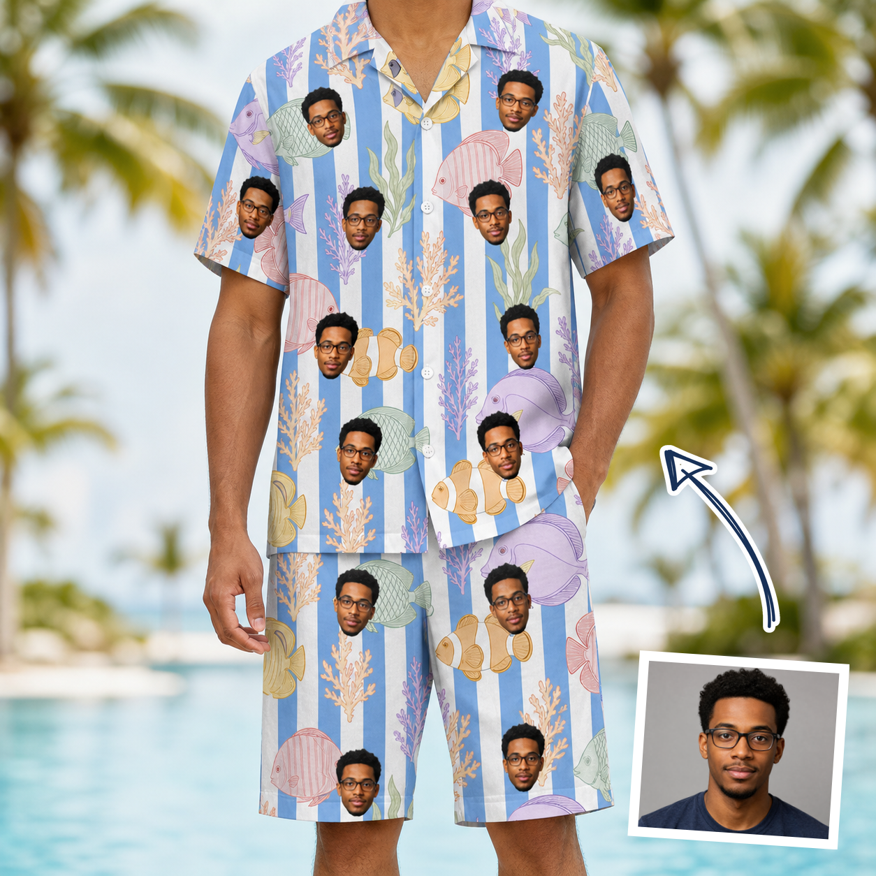 Man wearing Men's Reef Rascals Custom Face Shirt & Shorts Set — custom faces printed all-over