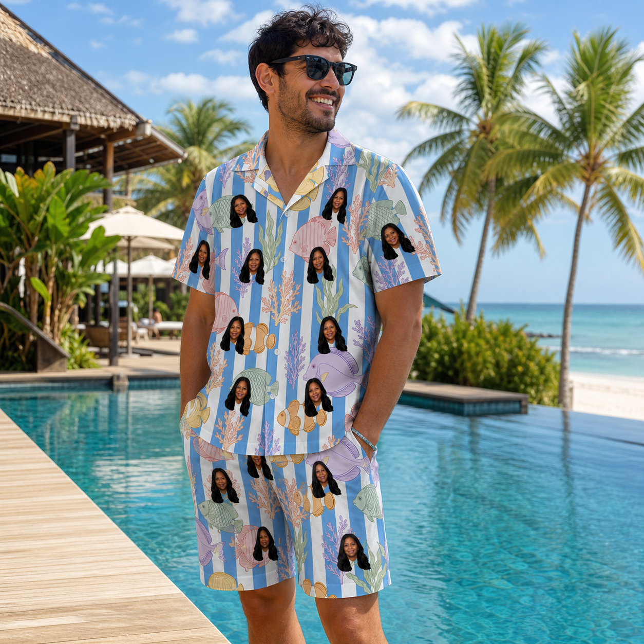 Real-life photo of someone wearing Men's Reef Rascals Custom Face Shirt & Shorts Set — custom faces printed all-over