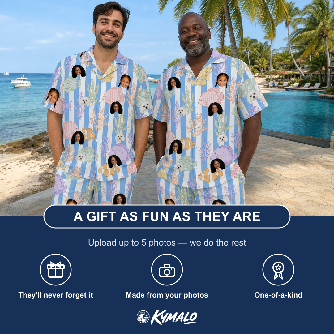 Friends in matching Men's Reef Rascals Custom Face Shirt & Shorts Set — a group gift photo