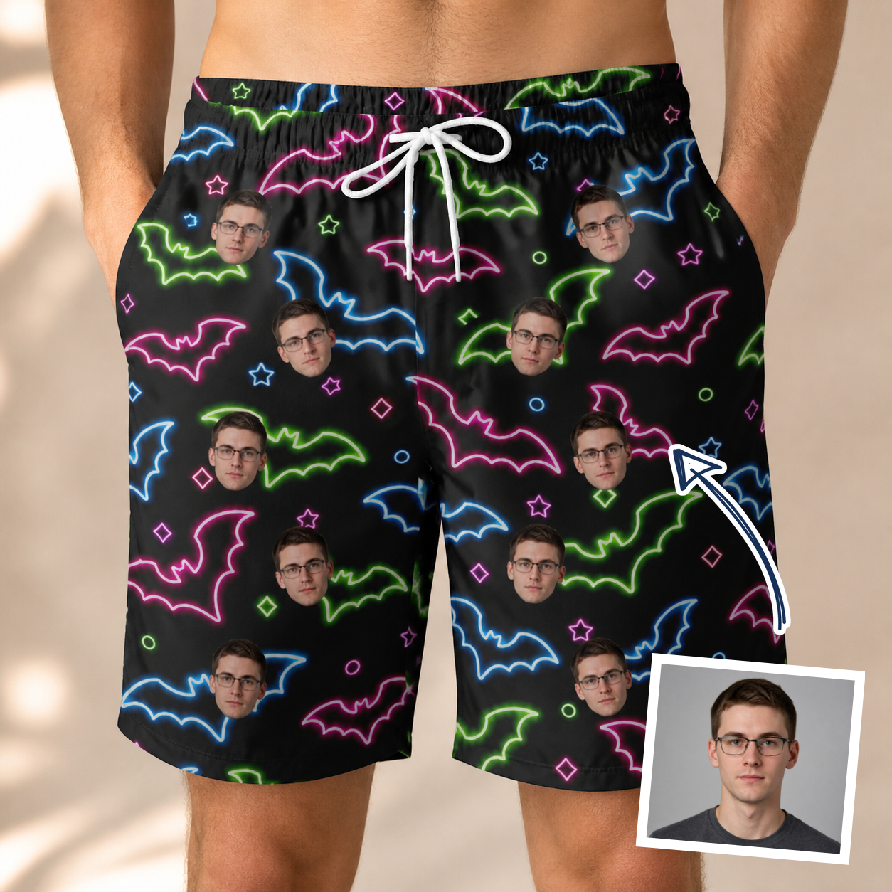 Man wearing Men's Batty Night Custom Face Beach Shorts — custom faces printed all-over