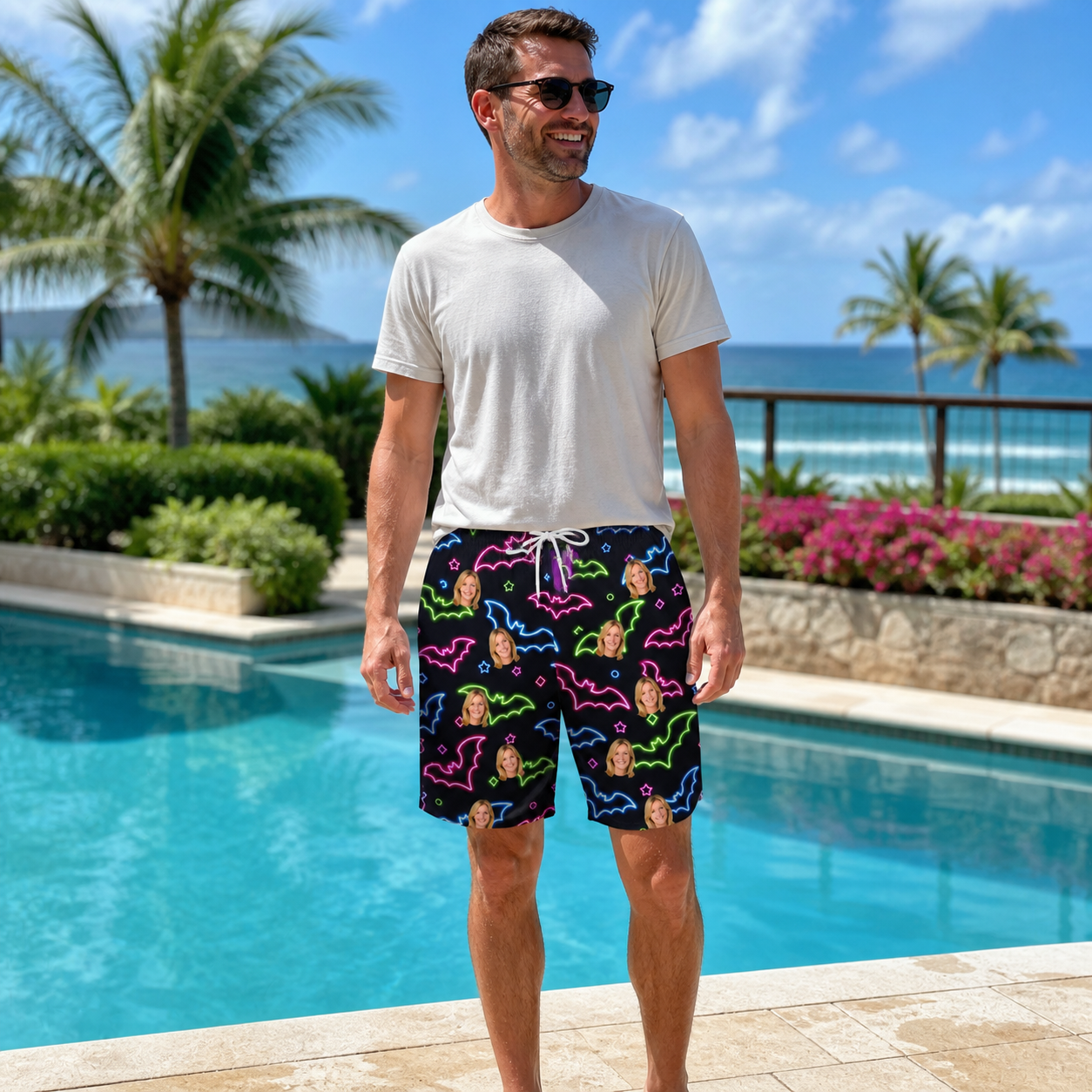 Real-life photo of someone wearing Men's Batty Night Custom Face Beach Shorts — custom faces printed all-over