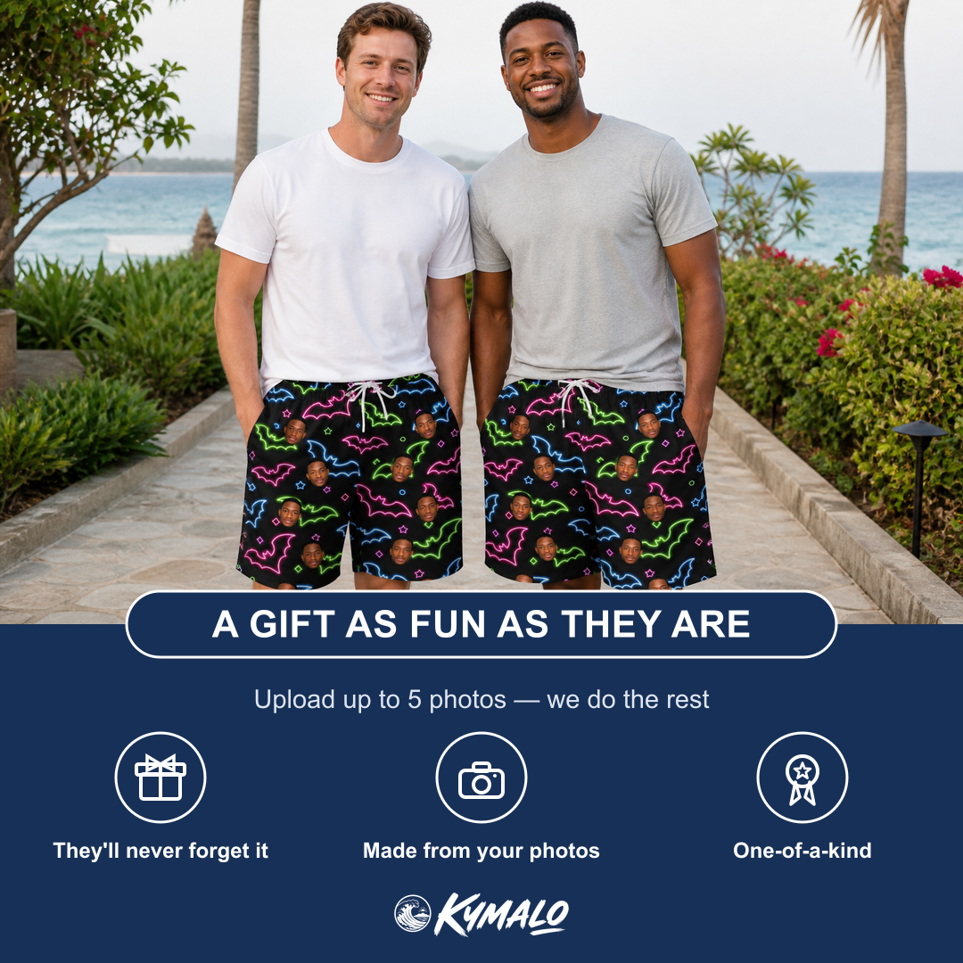 Friends in matching Men's Batty Night Custom Face Beach Shorts — a group gift photo