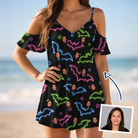 Woman wearing Women's Batty Night Custom Face Off-Shoulder Dress — custom faces printed all-over