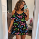 Real-life photo of someone wearing Women's Batty Night Custom Face Off-Shoulder Dress — custom faces printed all-over