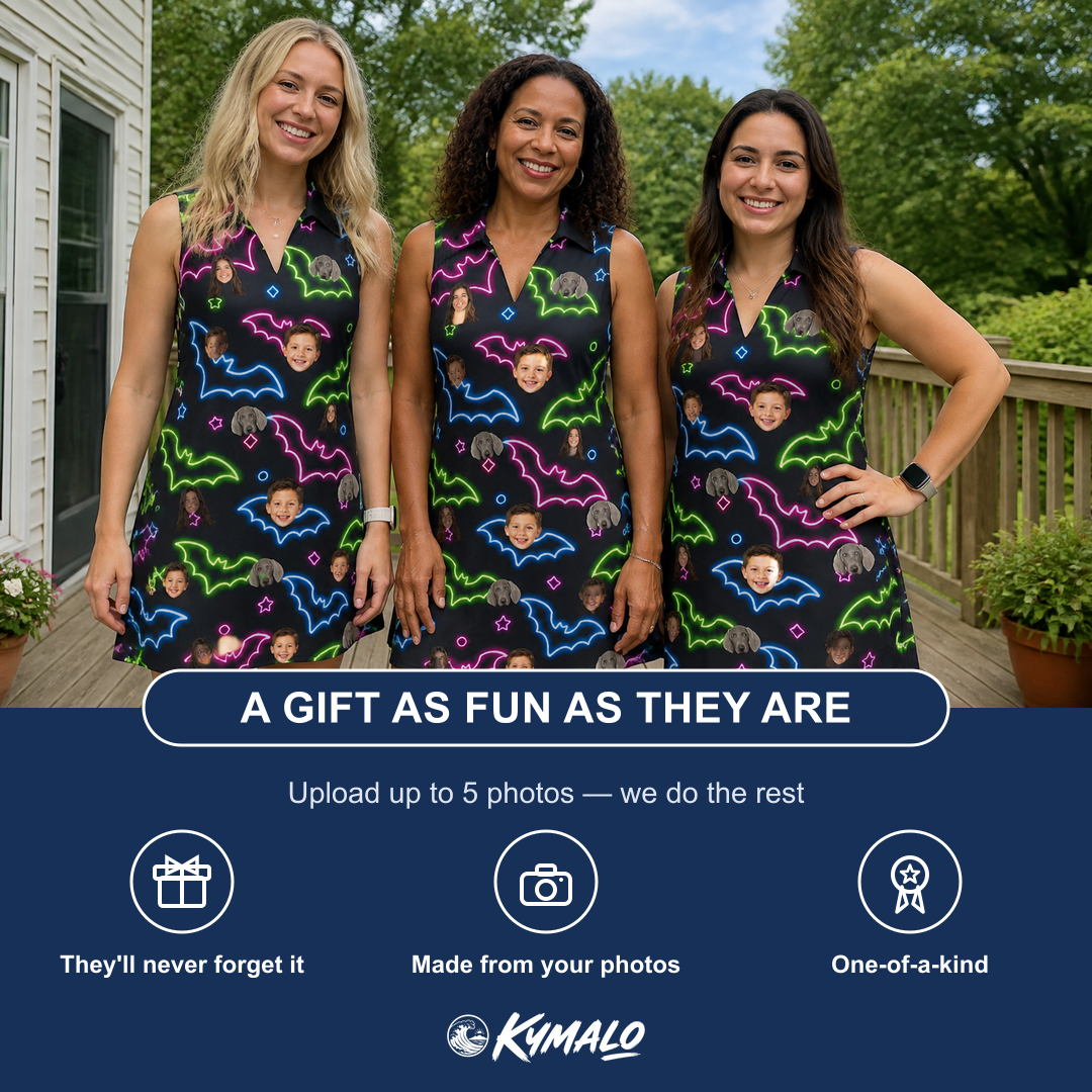 Friends in matching Women's Batty Night Custom Face V-Neck Dress — a group gift photo