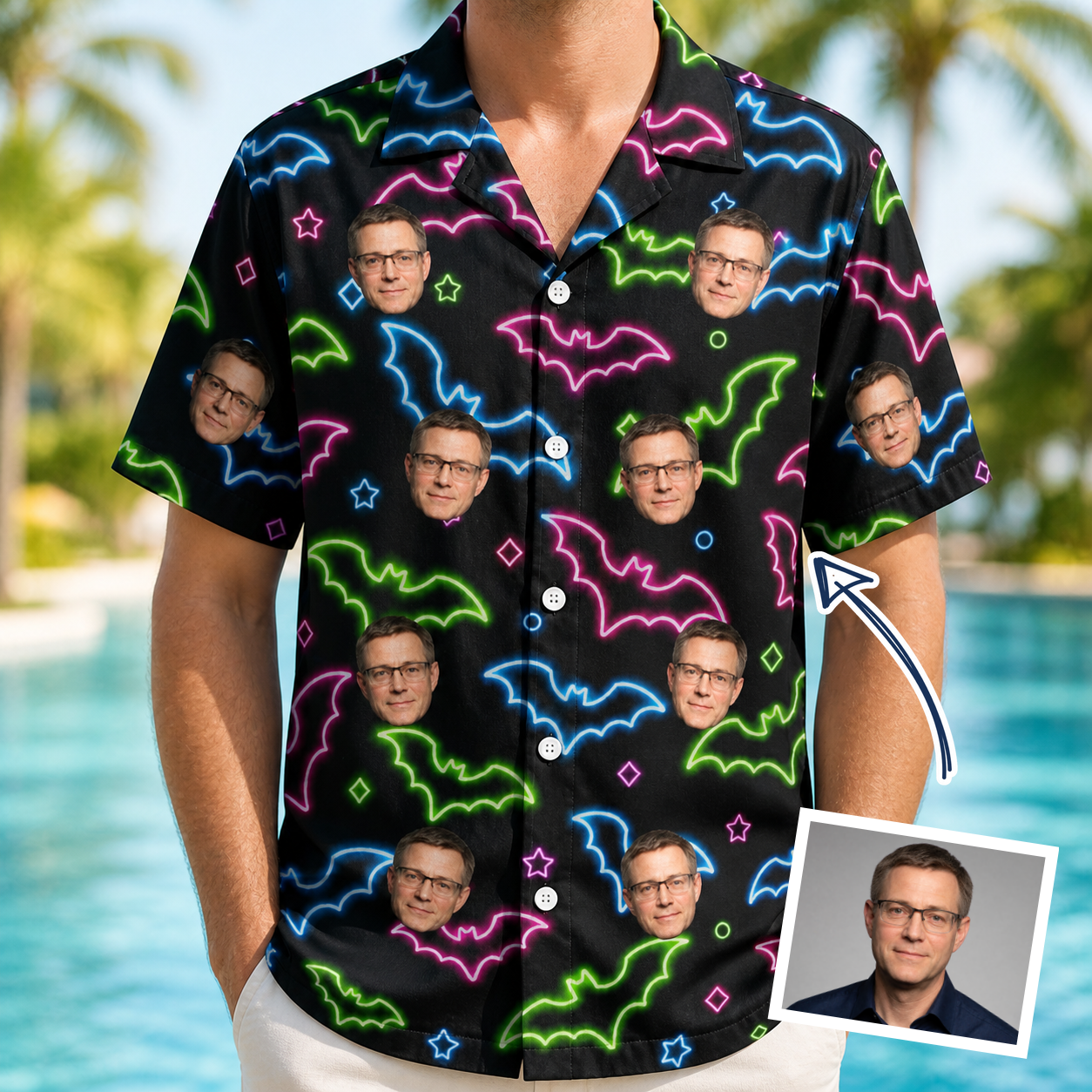 Man wearing Men's Batty Night Custom Face Hawaiian Shirt — custom faces printed all-over