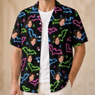 Man wearing Men's Batty Night Custom Face Hawaiian Shirt open over a white tee