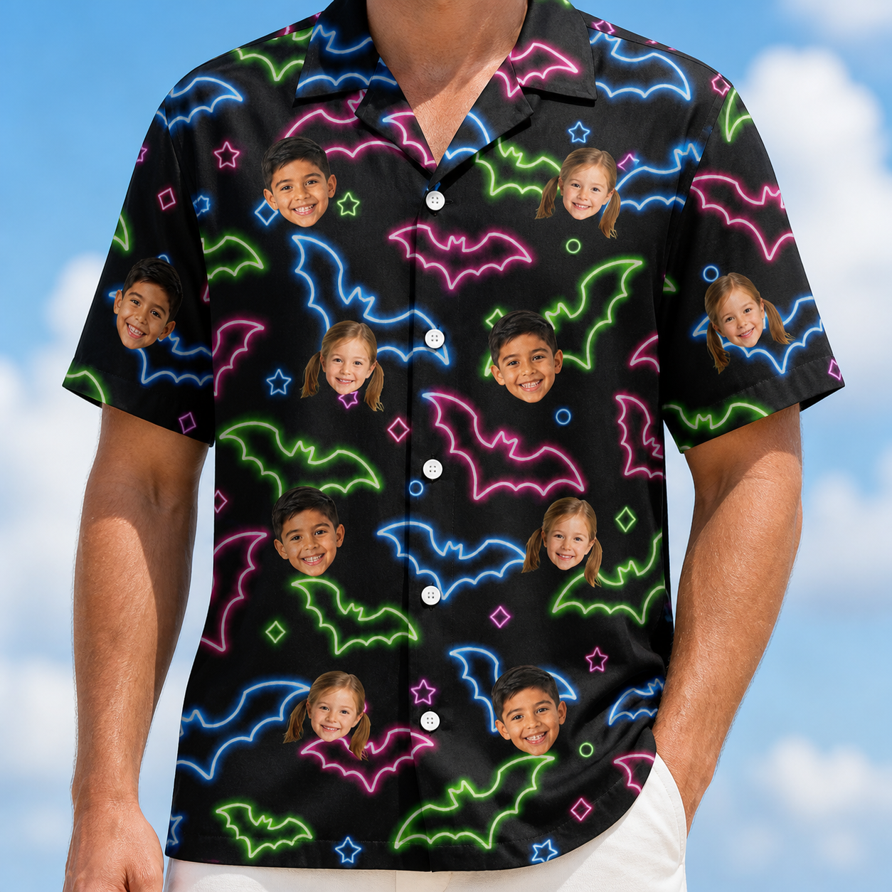 Model wearing Men's Batty Night Custom Face Hawaiian Shirt printed with kids' faces