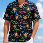 Model wearing Men's Batty Night Custom Face Hawaiian Shirt printed with kids' faces
