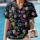 Woman wearing Women's Batty Night Custom Face Hawaiian Shirt — custom faces printed all-over